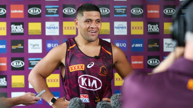 John Asiata fronts the media as a Broncos. Picture: Jorja Brinums/QRL