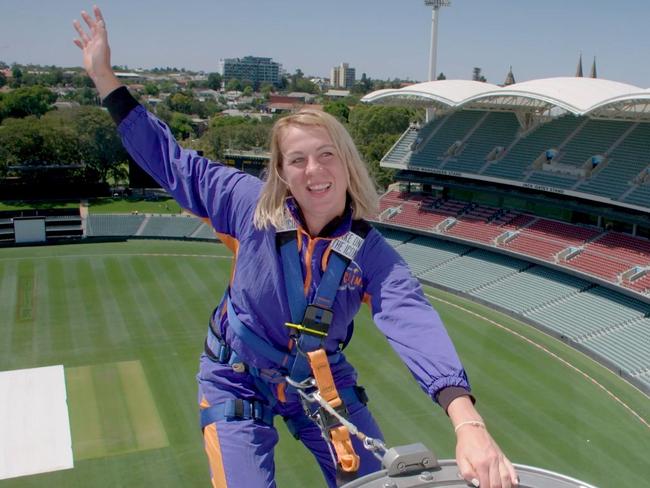 Russian tennis player Anastasia Pavlyuchenkova doing the Adelaide Oval Roof Climb. (Image taken from video supplied by Tennis SA).