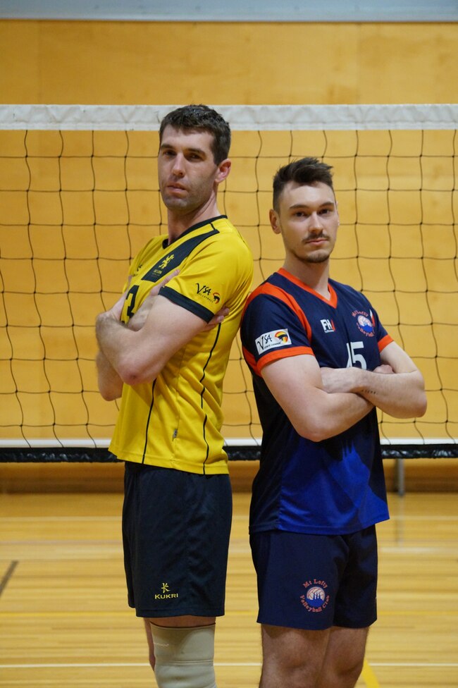 Brendan Clewes, of USC Lion, and Jordan Colotti, of Mt Lofty. Picture: Supplied, Volleyball SA