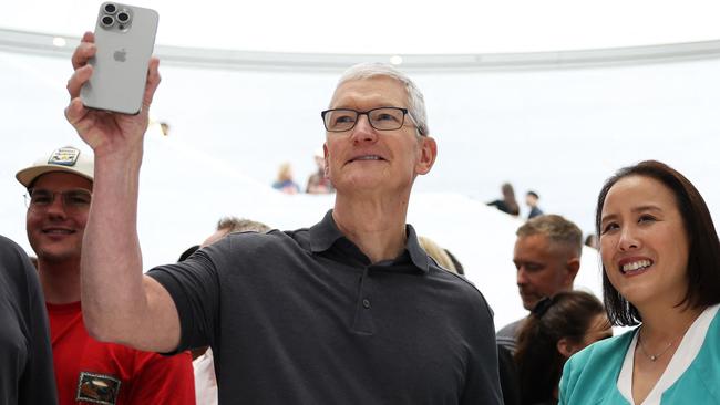 Apple chief executive Tim Cook holds up a new iPhone 15 Pro during an Apple event in Cupertino, California. Picture: Justin Sullivan/AFP