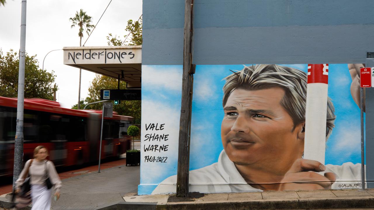 Shane Warne’s face adorned the wall after his death. Photo: Tim Pascoe