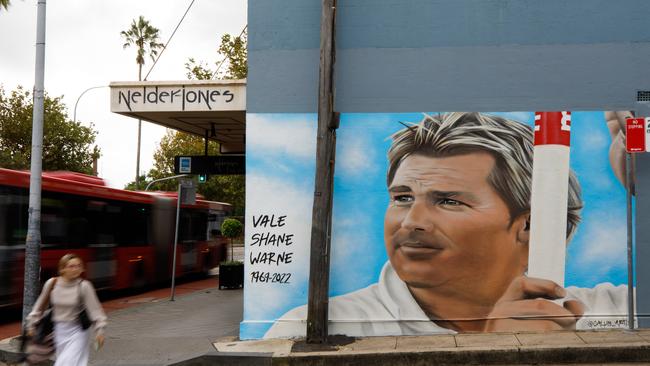 Shane Warne’s face adorned the wall after his death. Photo: Tim Pascoe