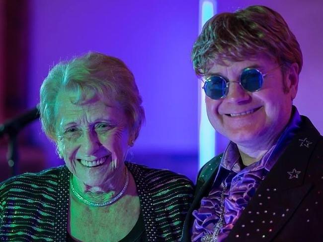 During the midst of her feud with her famous son, Sheila Farebrother hired an Elton John impersonator, Paul Bacon, to perform at her 90th birthday. Picture: Supplied