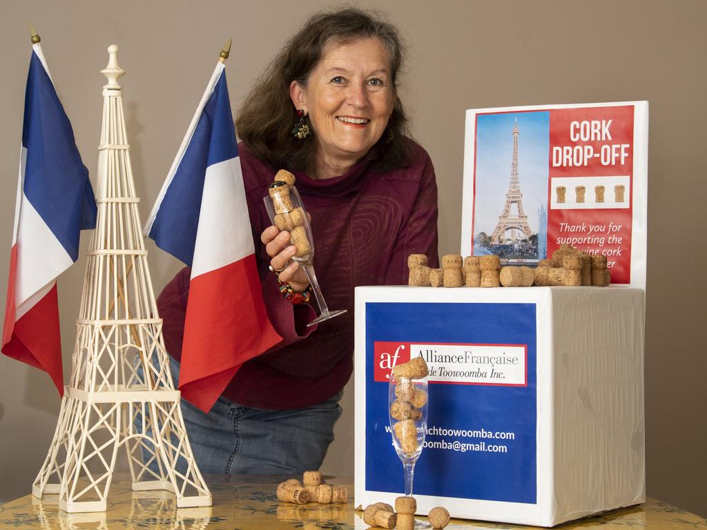 Alexis Tacey, president of Alliance Francaise de Toowoomba is asking people to donate their sparkling wine corks to create an Eiffel Tower model for their 60th Anniversary in October. Picture: Nev Madsen.