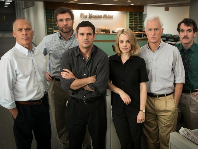 Great cast ... Michael Keaton, from left, Liev Schreiber, Mark Ruffalo, Rachel McAdams, John Slattery and Brian d'Arcy James in a scene from the film, Spotlight. Picture: AP