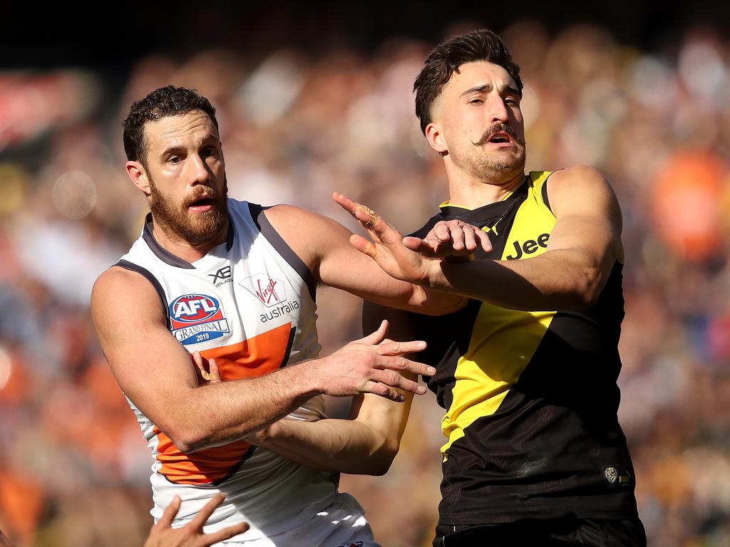 Mumford (left) played in the 2019 grand final loss to Richmond. Picture: Phil Hillyard