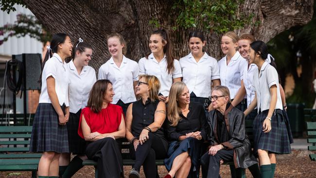 Year 12 PLC students (from left) Ling Ling Lin (school captain), Mackenzie Dodd, Abbey Lindsey, Anastasia Graham, Claudia Taylor-Blair, Jasmin Wiesner, Jenna Turner and Vanessa Lin. Front left: panel members Edwina McCann, Christine Manfield, Caroline Overington (moderator) and Carolyn Simpson 