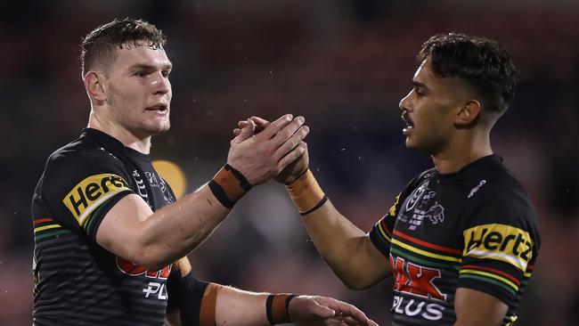 SYDNEY, AUSTRALIA - AUGUST 08: Liam Martin of the Panthers and Daine Laurie of the Panthers celebrate after winning the round 13 NRL match between the Penrith Panthers and the Canberra Raiders at Panthers Stadium on August 08, 2020 in Sydney, Australia. (Photo by Mark Kolbe/Getty Images)