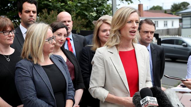 Labor leader Rebecca White announces her party’s pokies policy during the 2018 election campaign. Picture: SAM ROSEWARNE