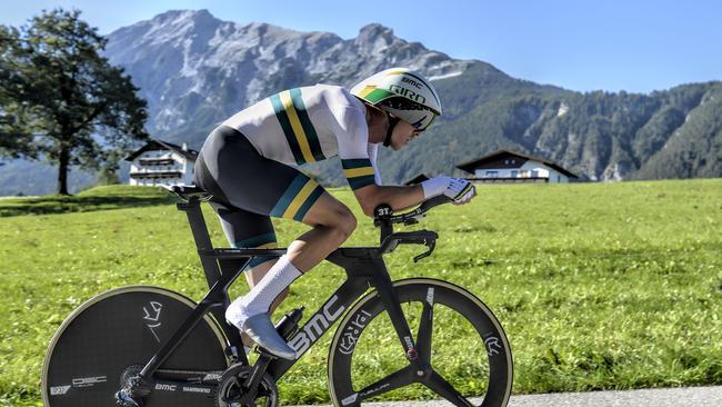 Rohan Dennis on his way to winning the time trial at last year’s UCI Cycling Road World Championships in Austria. Picture: HERBERT NEUBAUER / APA / AFP) / Austria