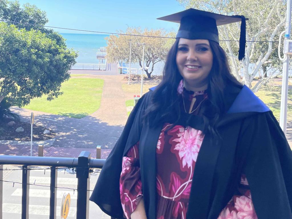 Social work student Pamela Porter at the University of the Sunshine Coast graduation ceremony at the Beach House Hotel on October 12, 2023.