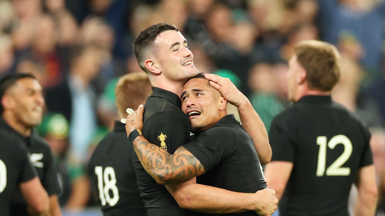 Will Jordan and Aaron Smith celebrate the dramatic quarter-final victory. Picture: Getty