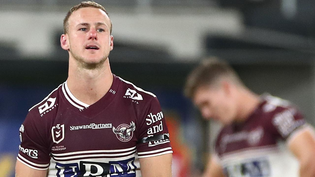 Daly Cherry-Evans of the Sea Eagles looks dejected after that disallowed try.