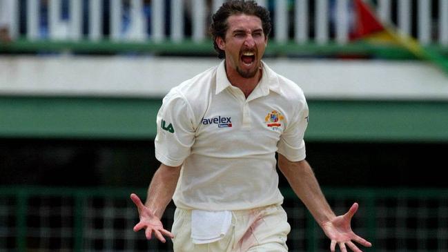 Jason Gillespie – former Adelaide CC player and current Redbacks coach – celebrates a wicket for Australia. Picture: File