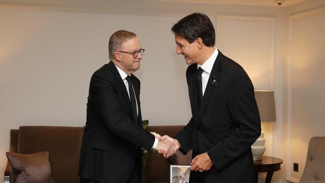 The Canadian PM met with his Australian counterpart Anthony Albanese in London. Picture: Ella Pellegrini