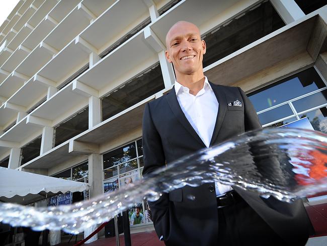 Swimmer Michael Klim outside the Watson Apartments and Hotel development at Walkerville. He designed the swimming pool.