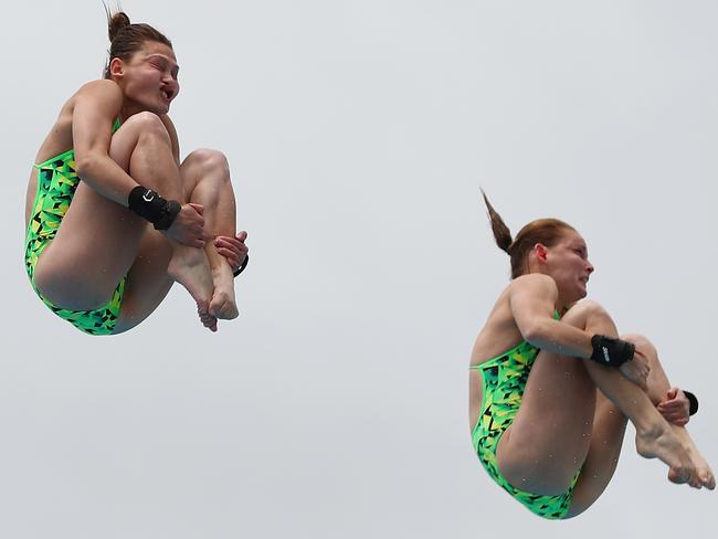 Melissa Wu and Taneka Kovchenko compete in the 10m synchro final last month. Picture: Getty