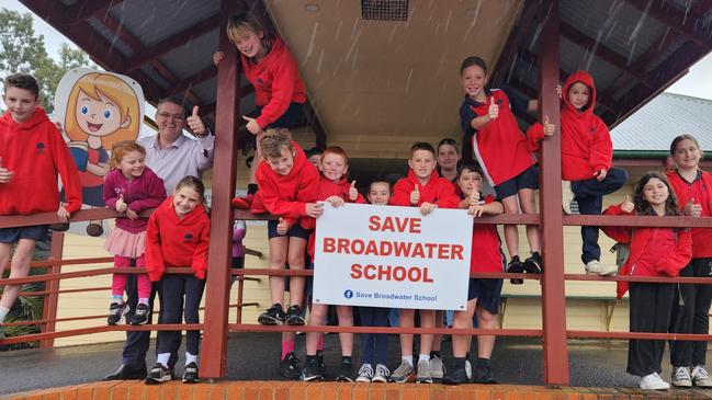 Broadwater Public School children with Clarence MP Richie Williamson outside their flood damaged school that has just been granted their development application to rebuild after months of campaigning to return there. Picture: Supplied