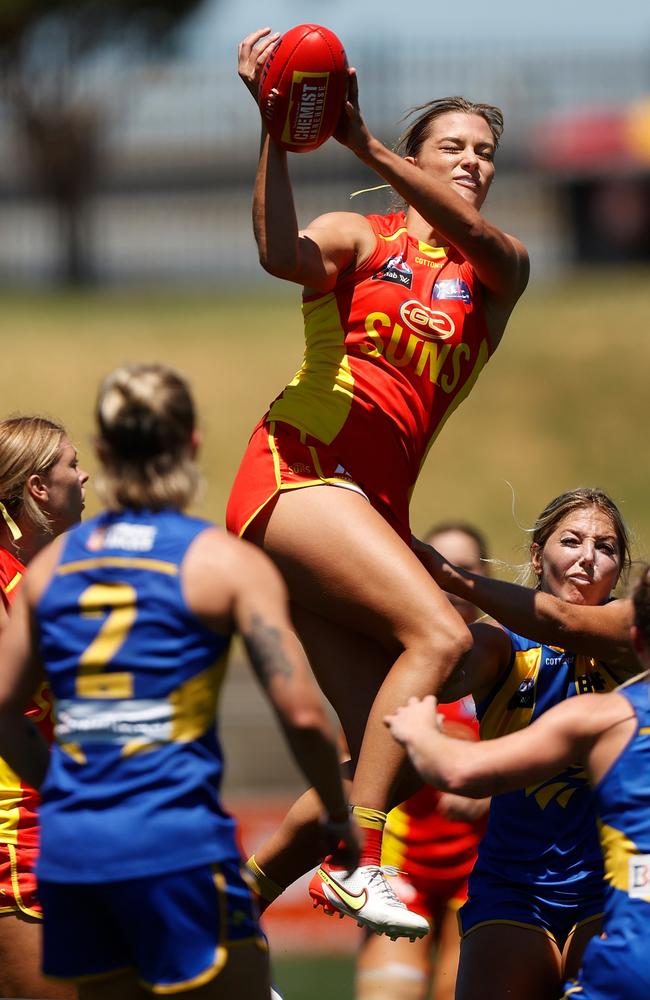 Lauren Bella of the Suns in action during the 2022 AFLW Round 2 match between the West Coast Eagles and the Gold Coast Suns. Picture: Michael Willson/AFL Photos via Getty Images