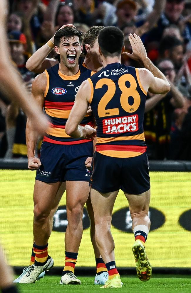 Josh Rachele a goal during the win over Carlton. Picture: Mark Brake/Getty Images