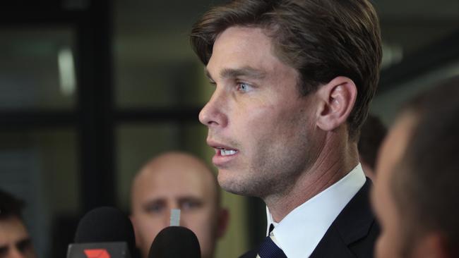 Geelong Cats forward Tom Hawkins speaks to the media after his hearing at the AFL Tribunal in Melbourne. Picture: Stefan Postles/AAP