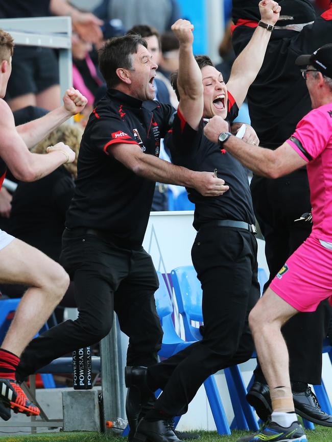 North Launceston coach Zane Littlejohn jumps for joy at the final siren. Picture: Nikki Davis-Jones