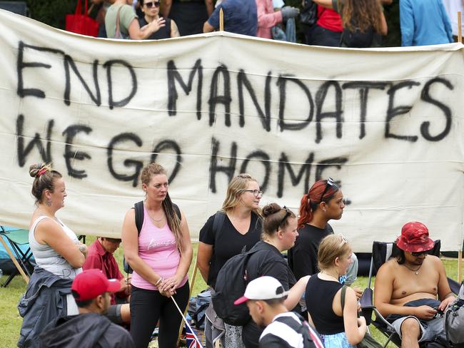 Anti-vaccine and Covid-19 mandate protesters are slowly being broken up by police after days of demonstrations outside Parliament. Picture: Hagen Hopkins/Getty Images