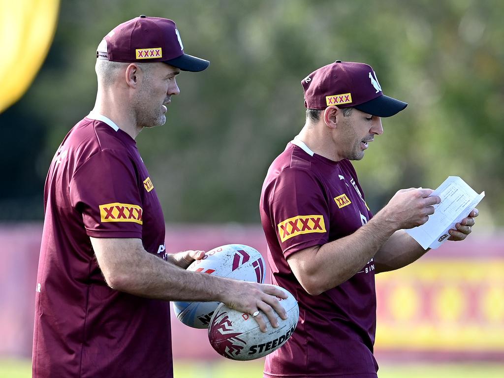 Slater and his assistant Nate Myles talk tactics during a training session.