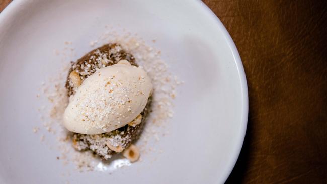 Restaurant Labart Valentine's Day dessert — chocolate mousse, popcorn ice-cream and hazelnut.