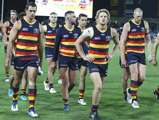 Crows players walk off after the loss to Collingwood. Picture: SARAH REED