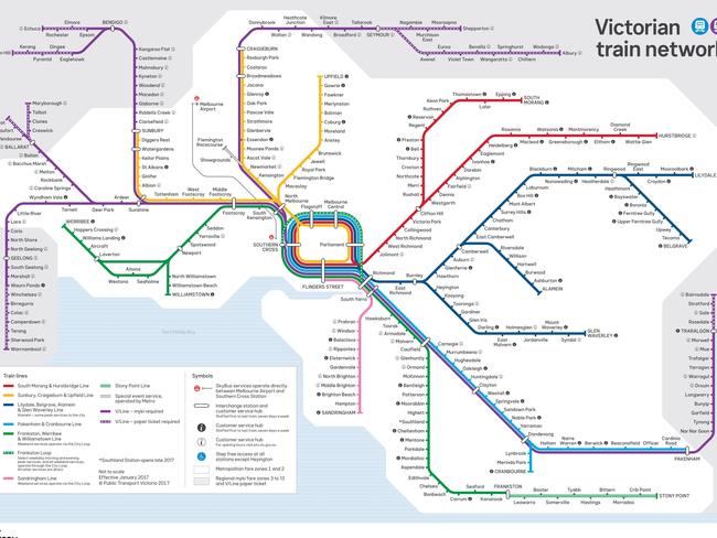 The new Victorian train network map. Picture: Public Transport Victoria