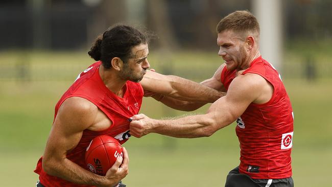 Brodie Grundy and Taylor Adams at training. Picture: Phil Hillyard