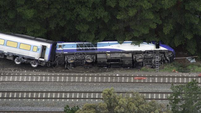 An aerial view of the train derailment in Wallan, Victoria. Picture: Tony Gough