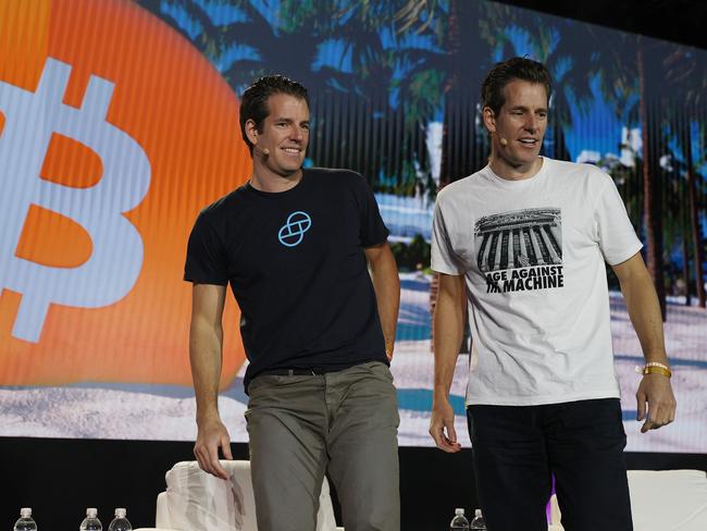 Tyler and Cameron Winklevoss on stage at the Bitcoin 2021 Convention. Picture: Joe Raedle/Getty Images