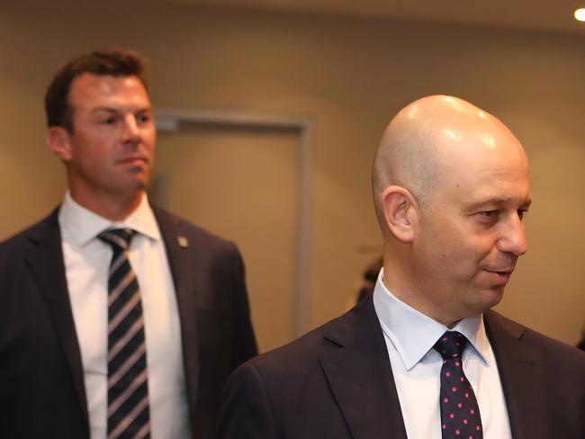 RLPA Chief Executive Ian Prendergast and NRL Chief Executive Todd Greenberg arrive to a press conference at Rugby League Central in Sydney.