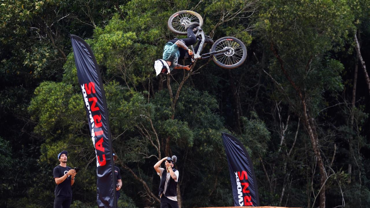 A mountain bike rider competes in the National Whipoff Championship on Day One of Crankworx Cairns. Picture: Brendan Radke