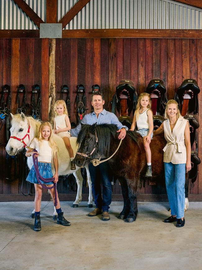 The Hopkinson clan are all passionate equestrians, with Sam a former polo player, Elisha also trying her hand at the game “just for fun” and stress relief, and daughters, from left, Sienna, Milla, on Stormy, and Imogen, on Boomer, all keen riders.