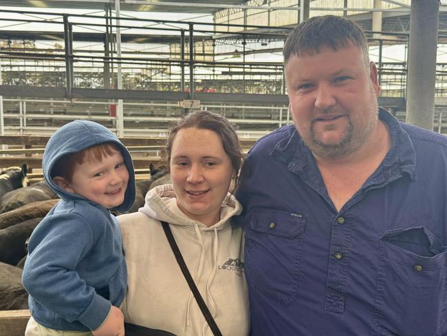 Coleraine feedlotters Grace and Tim Baulch with son Ryan (2) were buying at today's store cattle sale in Hamilton.