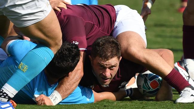 Georgia's flanker Shalva Sutiashvili looks out from a ruck  during the Japan 2019 Rugby World Cup Pool D match between Georgia and Uruguay at the Kumagaya Rugby Stadium in Kumagaya on September 29, 2019. (Photo by CHARLY TRIBALLEAU / AFP)