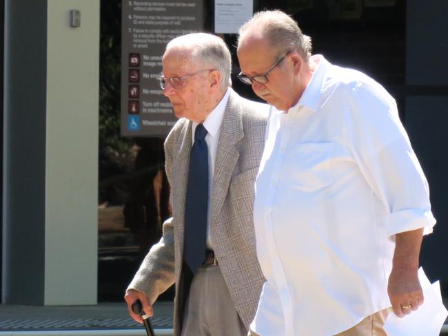 Peter Mervyn Samuel, 92, of Chain Valley Bay (left) leaving Wyong Local Court charged with one count of indecently assaulting a boy, 11, in 1971. Picture: supplied