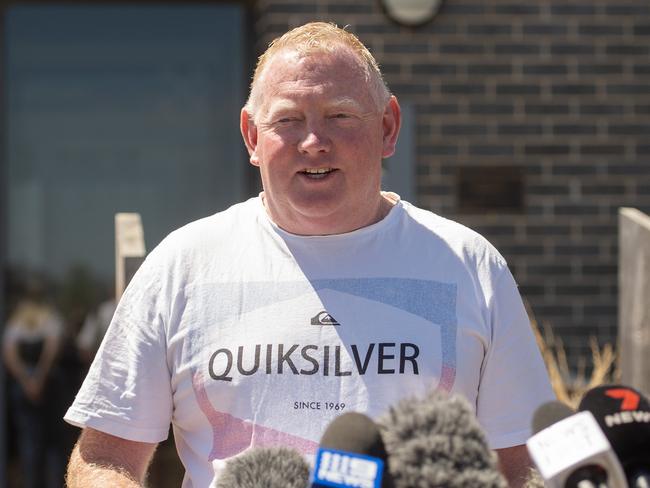 Samantha’s husband Mick Murphy speaks to media outside Ballarat West Police Station. Picture: Nicki Connolly