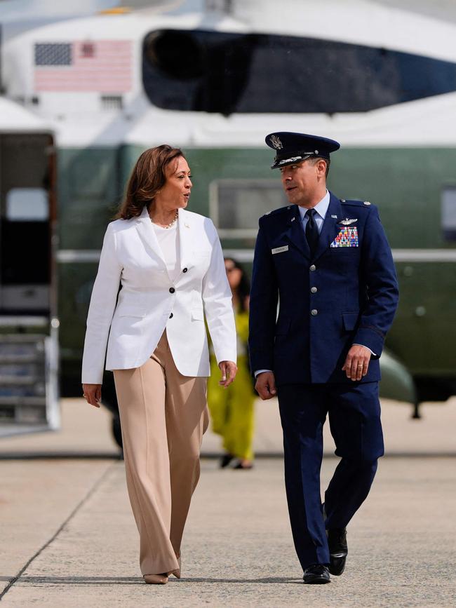 Current Veep Kamala Harris walks to board Air Force Two at Joint Base Andrews in Maryland this week. Picture: AFP