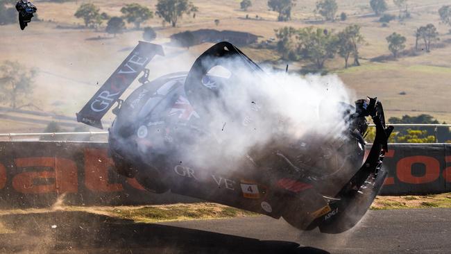 BATHURST, AUSTRALIA - FEBRUARY 02: Stephen Grove driver of the #4 Grove Racing Mercedes-AMG GT3 crashes during the Bathurst 12 Hour at Mount Panorama on February 02, 2025 in Bathurst, Australia. (Photo by Daniel Kalisz/Getty Images)