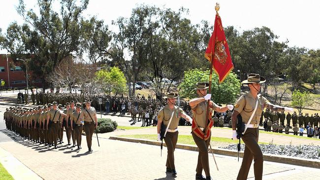 The retired Australian Army Banner is paraded for the last time at the Army Recruit Training Centre, Kapooka, NSW, before being laid up rest in the Blamey Barracks Soldier’s Chapel. *** Local Caption *** In line with Army tradition, the retired Army Banner was laid up at the Blamey Barracks Soldier’s Chapel, Army Recruit Training Centre, Kapooka, on Sunday 29 September 2019. Army Banners are never destroyed or disposed of.  The retiring Banner was replaced due to its deteriorating condition. It was presented in 2001 as a ‘gift from the Nation’ to commemorate the Centenary of the Australian Army.  On Friday 1 March 2019, the-then Governor-General, His Excellency General the Hon Sir Peter Cosgrove, AK, MC, (Retd), and Corporal Dan Keighran, VC, presented the Australian Army with a new Army Banner on behalf of the Nation at the Australian War Memorial, Canberra.