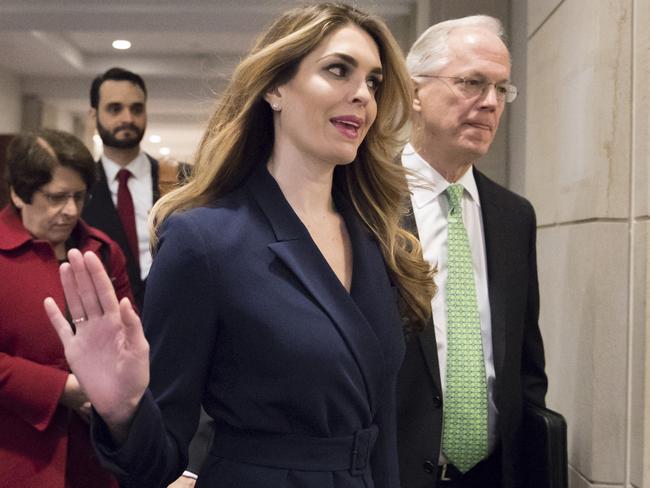 White House Communications Director Hope Hicks, one of President Trump's closest aides and advisers, waves off reporters questions as she arrives as the House Intelligence Committee hearing. Picture: AP