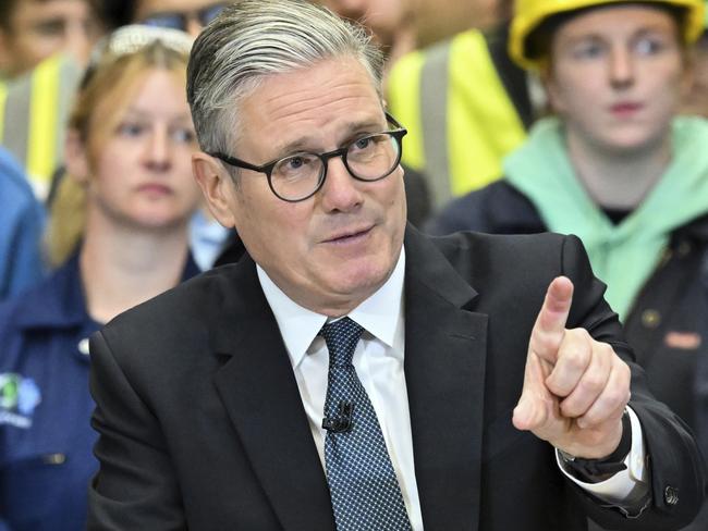 Britain's Prime Minister Keir Starmer speaks during a visit to the BAE Systems'Govan facility, in Glasgow, Scotland, Monday June 2, 2025. (Andy Buchanan, Pool Photo via AP)