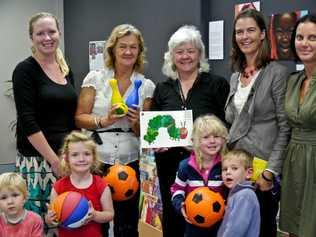 Hayley Johnson, Pam Johnson, Judy Atkinson, Nicola Kerr and Jan Rooney with ‘The Very Hungry Caterpillar’ fans Mikey Ryan, Juliet Ryan, Alice Roy and Hudson Roy. 