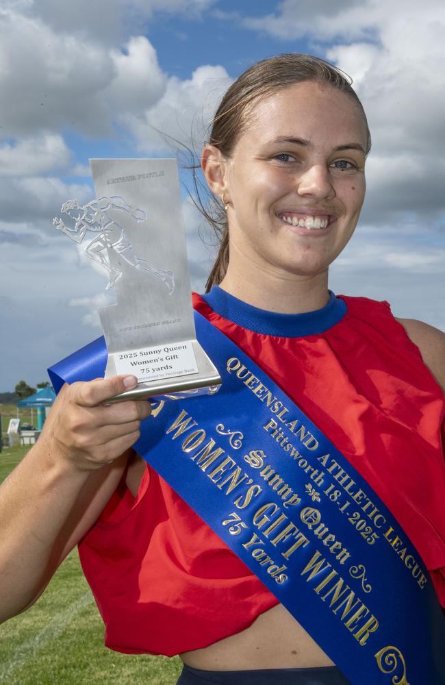 Hayley Reynolds wins the Sunny Queen Women's Gift 75 yards. The Arthur Postle Gift in Pittsworth. Saturday 18th January, 2025. Picture: Nev Madsen.