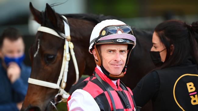 Daniel Moor after riding He's Xceptional to win the Mckenzie Stakes at Moonee Valley on Saturday. Picture: Vince Caligiuri–Getty Images