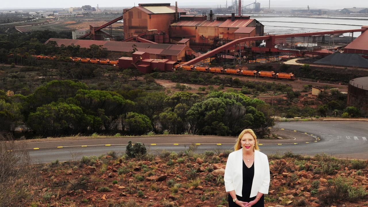 The Mayor of Whyalla Clare McLaughlin in front of the local steelworks in Whyalla. Picture: Greg Sketcher